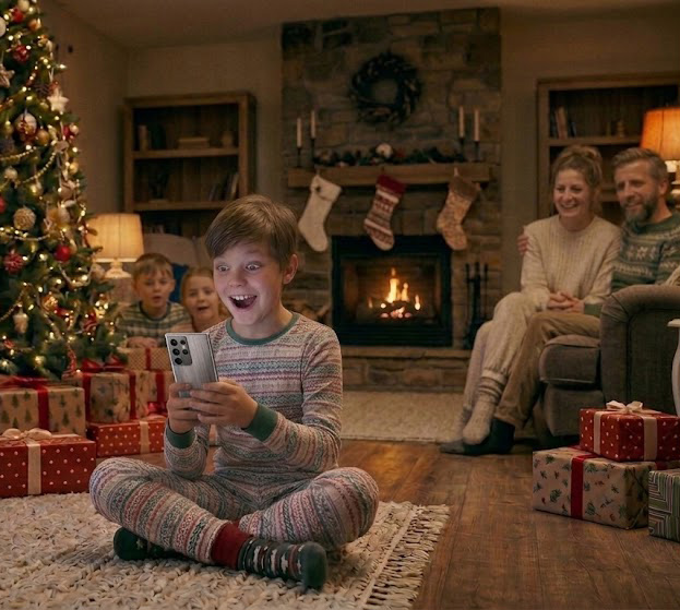 Child scanning QR code on personalized Christmas scavenger hunt Christmas morning