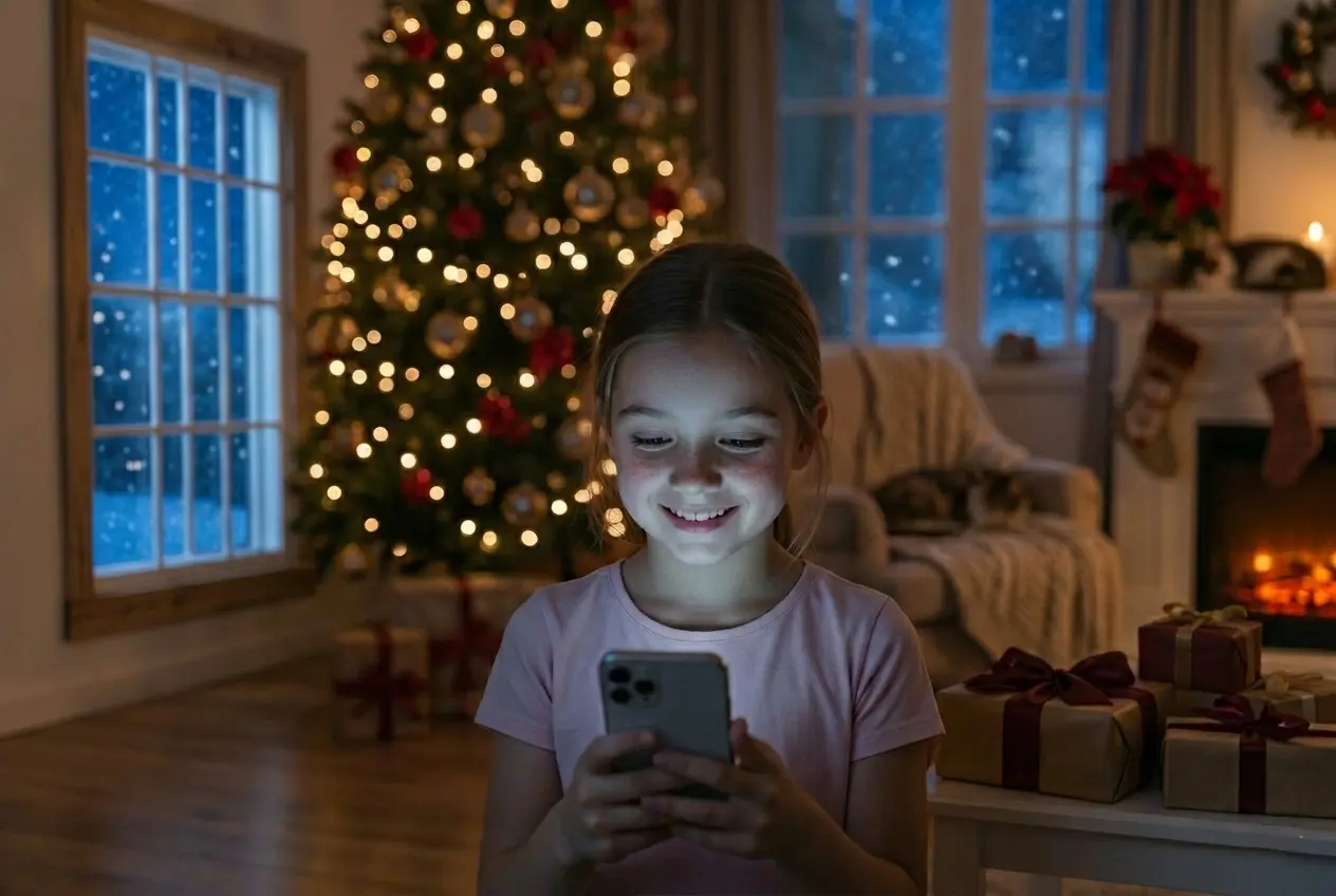 Child smiling at phone on Christmas morning