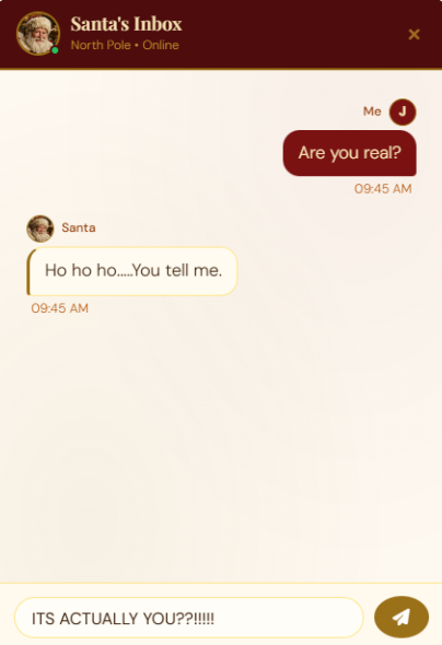 Live chat conversation with Santa Claus in the Christmas Unlocked app